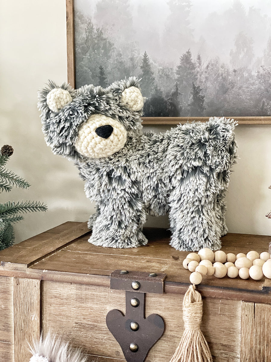 Bear Plush | Standing Gray Bear Stuffed Animal With Crochet