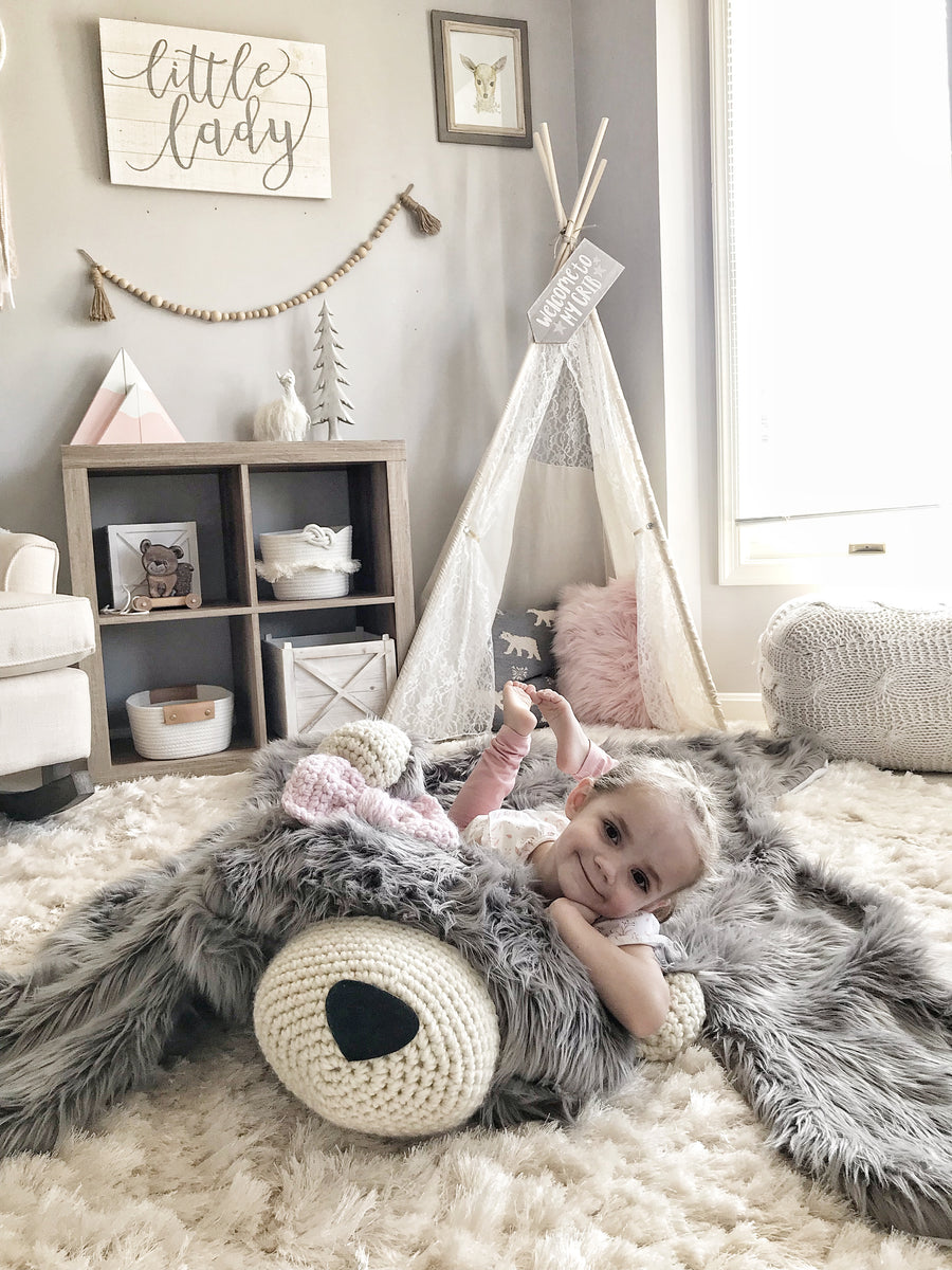 Extra Large Gray Grizzly Bear Rug For Nursery | Cozy Nursery Bear Rug ...