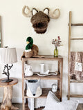 A faux fur brown moose wall mount hanging in a woodland themed bedroom above a wooden bookcase with a plush duck.